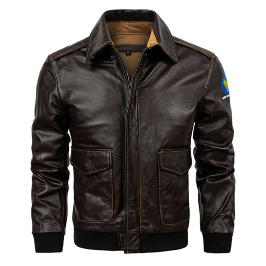 Genuine Leather Flight Jacket Baseball Uniform First Layer Cowhide Leather Men's Short Lapels Coat