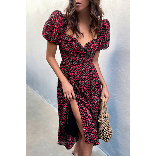 The New Summer European And American Style Small Floral Print Split Dress