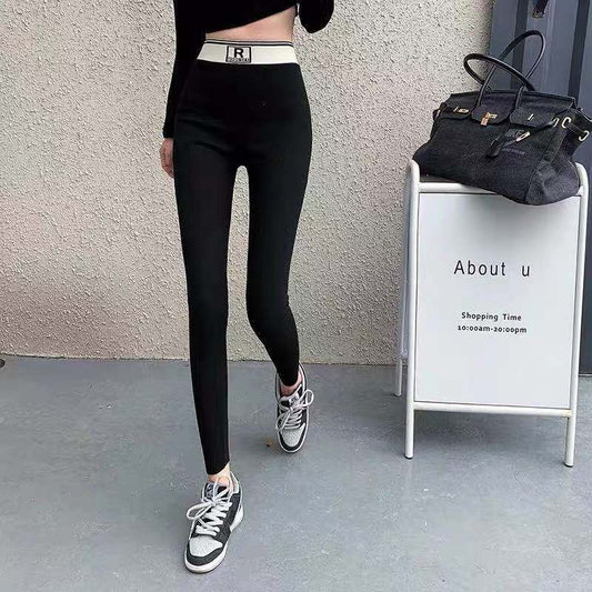 Autumn And Winter Korean Version Of Leggings, Women's Outer Wear, Thickened And Velvet Pencil Pants, Letter Nine-point Pants, Threaded Cotton High-waist Tights
