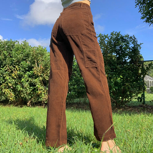 Retro Brown Drape High Waist Straight Leg Pants Women Casual Trousers