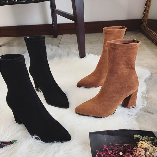 2021 autumn and winter new lady's short boots with warm heel and thick heel suede
