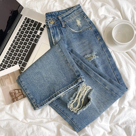 RENA Fashionable Retro Personality Ripped Design Feeling Old Blue Summer High Waist Thin Straight Denim Trousers