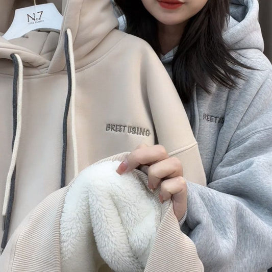 Winter New Korean Style Plus Velvet Thick Small Letter Embroidery Loose All-match Long-sleeved Hooded Sweater Women's Fashion