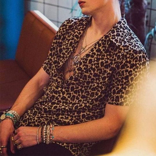 Wish Cross-border Europe And The United States 2022 Summer New Leopard Print Short-sleeved Shirt Street American Lapel Shirt