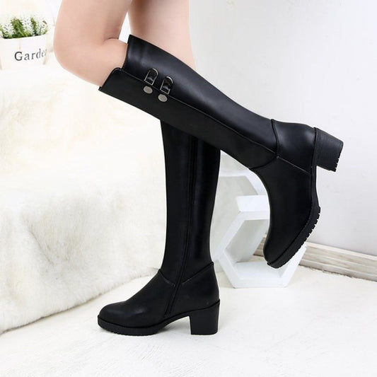 High-heeled Riding Boots Winter Long Women's Boots Plus Velvet But Knee-length Boots European And American Fashion New Side Zipper Non-slip Leather Boots