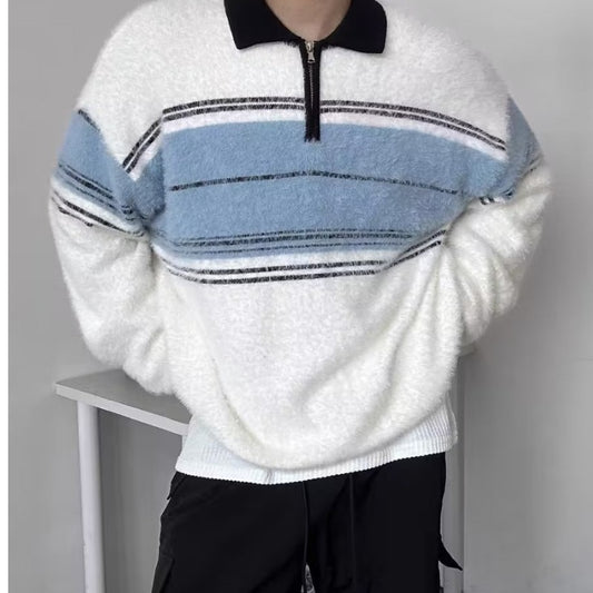 Retro Trendy Brand Striped Lapel Sweater Men&#039;s Half-zip Polo Collar Sweater Autumn Imitation Mink Top Trendy Hair