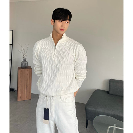 Half Turtleneck Zipper Sweater For Men, High-end Lazy Pullover Long-sleeved Sweater, Fashionable And Versatile White Jacket