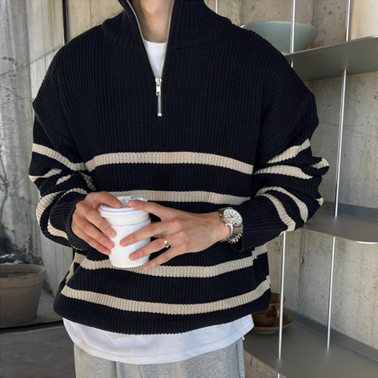 Japanese Thickened Striped Sweater Men&#039;s Autumn And Winter New Korean Style Trendy Loose Pullover Woolen Sweater Top