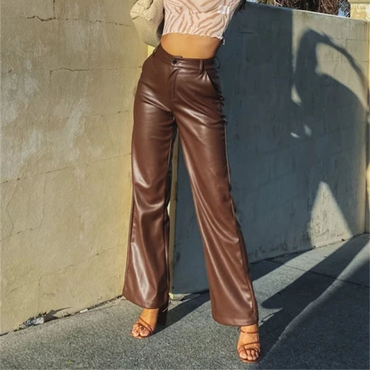 2022 Autumn And Winter European Women's Clothing Hot Style PU Long Leather Pants Women's Casual Wide Leg Pants High Waist Straight Women's Leather Pants Wholesale