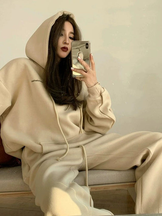 Hooded Sports Sweatshirt Suit Women&#039;s Velvet Thickened Spring And Autumn 2023 New Sports And Leisure Student Running Two-piece Set