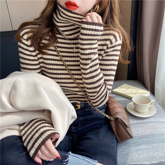 Striped Turtleneck Bottoming Shirt Women's Autumn And Winter Foreign Style With A Slim Sweater 2022 New Long-sleeved Sweater Knitted Top