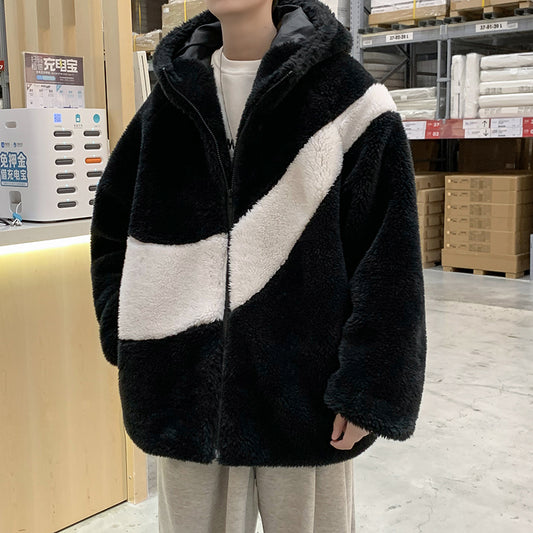 Autumn And Winter Lamb Wool Jacket Men's Tide Brand Hip-hop Thickened Hooded Padded Jacket Bf Hong Kong Style Loose Korean Version Of The Trend Clothes
